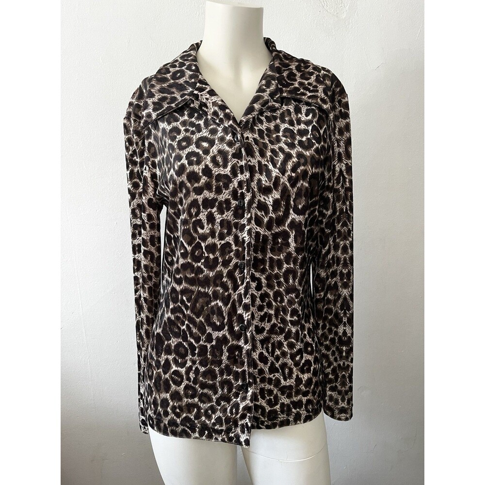 Vintage 80s Selection Brown Large Leopard Animal Print Large Button Down Blouse